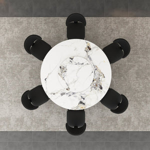 English Elm 59" Round Sintered Stone Table with Six Pu Leather Chairs Modern Dining Set W2700S00161