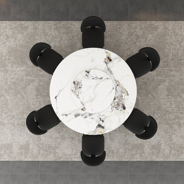 English Elm 59" Round Sintered Stone Table with Six Pu Leather Chairs Modern Dining Set W2700S00161