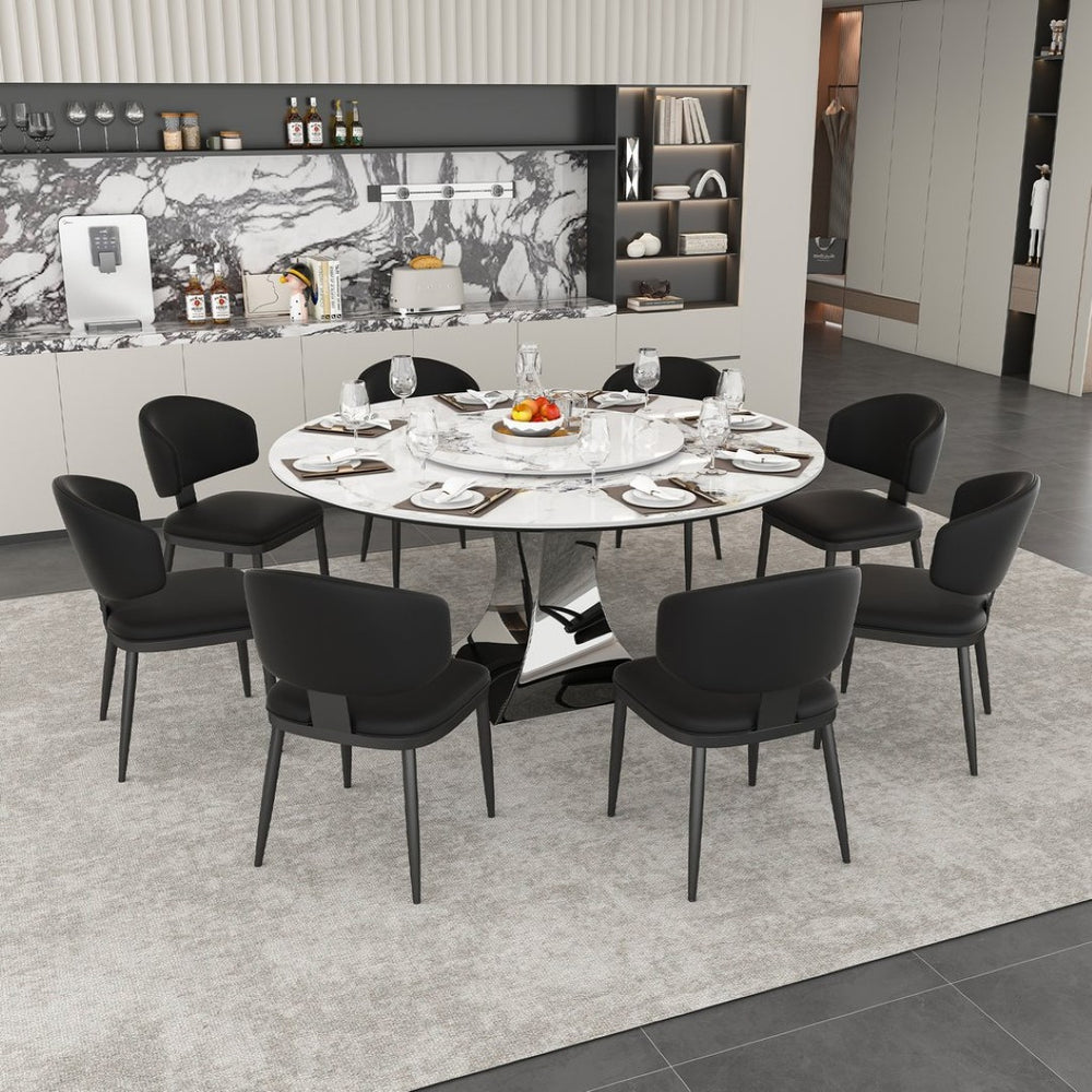 English Elm 59" Round Sintered Stone Table Set Marble-look Top with Pu Leather Chairs for Six W2700S00162
