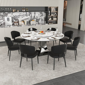 English Elm 59" Round Sintered Stone Table Set Marble-look Top with Pu Leather Chairs for Six W2700S00162