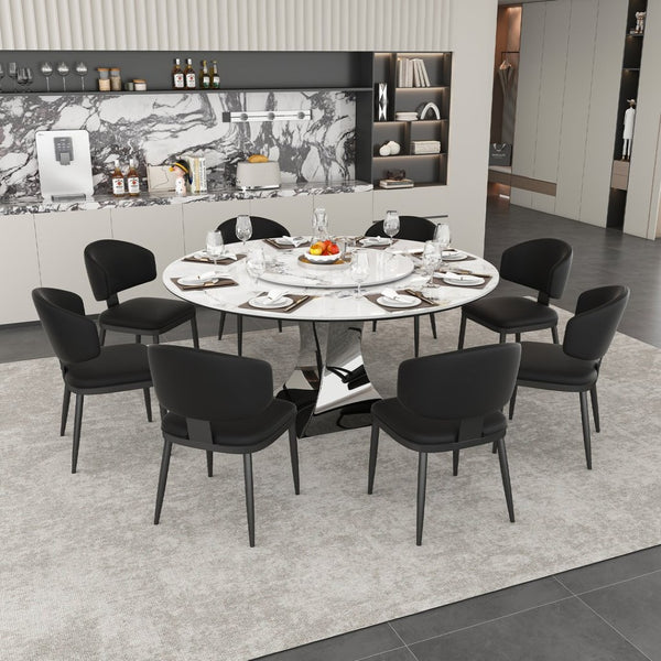 English Elm 59" Round Sintered Stone Table Set Marble-look Top with Pu Leather Chairs for Six W2700S00162