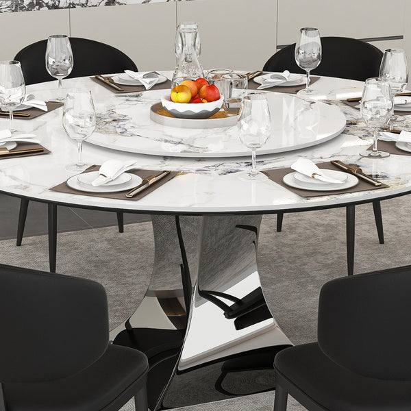 English Elm 59" Round Sintered Stone Table Set Marble-look Top with Pu Leather Chairs for Six W2700S00162