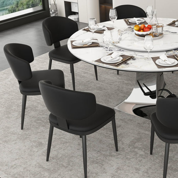 English Elm 59" Round Sintered Stone Table Set Marble-look Top with Pu Leather Chairs for Six W2700S00162