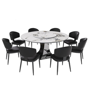 English Elm 59" Round Sintered Stone Table Set Marble-look Top with Pu Leather Chairs for Six W2700S00162