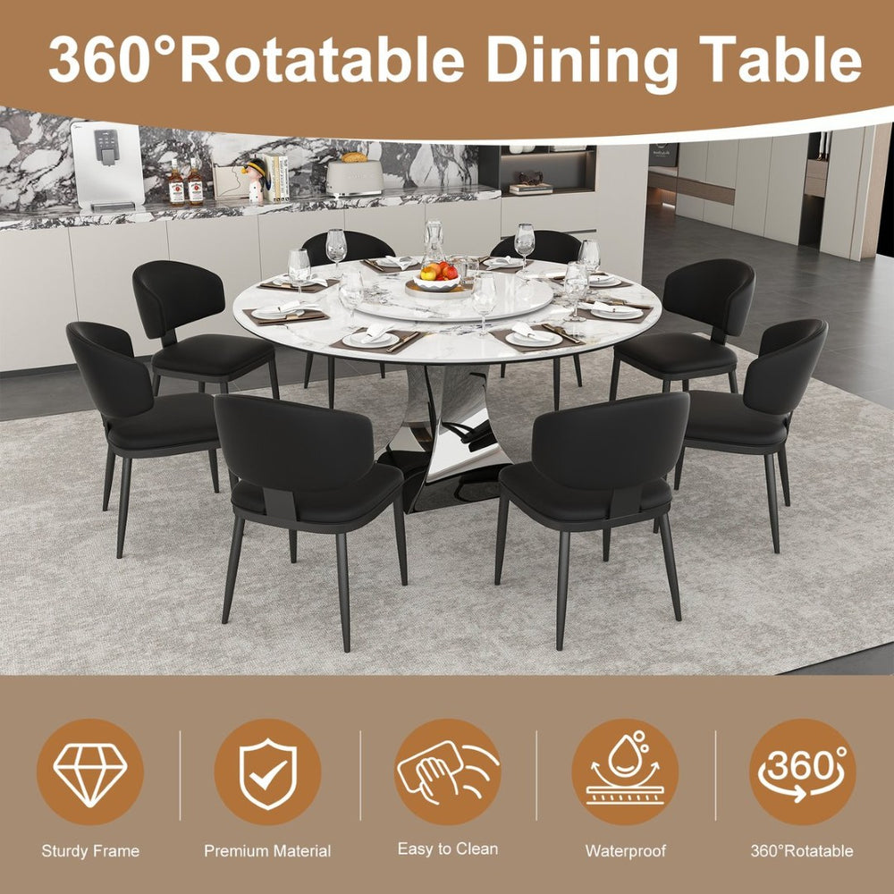 English Elm 59" Round Sintered Stone Table Set Marble-look Top with Pu Leather Chairs for Six W2700S00162