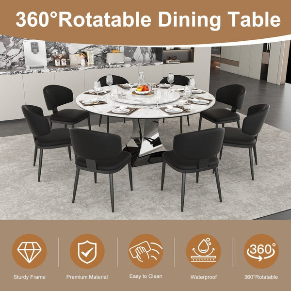 English Elm 59" Round Sintered Stone Table Set Marble-look Top with Pu Leather Chairs for Six W2700S00162