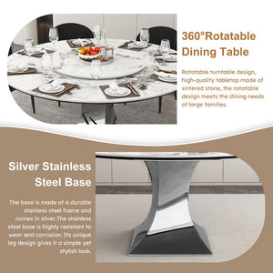 English Elm 59" Round Sintered Stone Table Set Marble-look Top with Pu Leather Chairs for Six W2700S00162