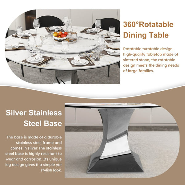 English Elm 59" Round Sintered Stone Table Set Marble-look Top with Pu Leather Chairs for Six W2700S00162