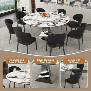 English Elm 59" Round Sintered Stone Table Set Marble-look Top with Pu Leather Chairs for Six W2700S00162
