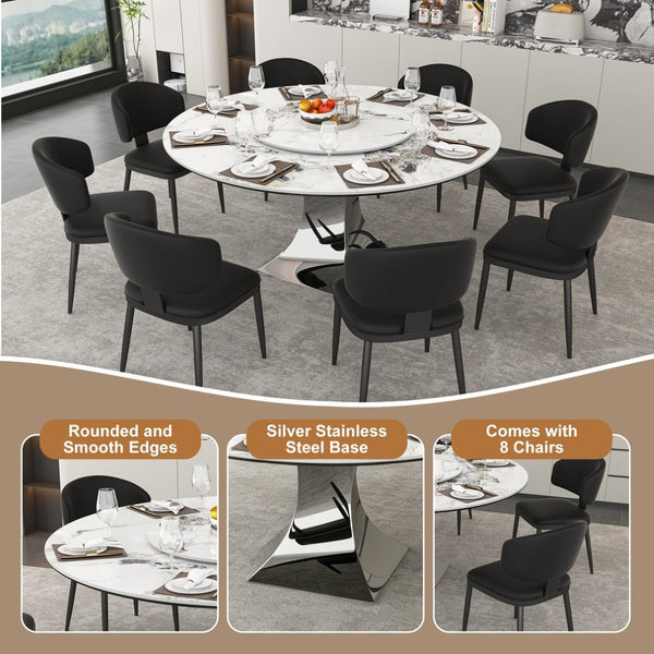 English Elm 59" Round Sintered Stone Table Set Marble-look Top with Pu Leather Chairs for Six W2700S00162