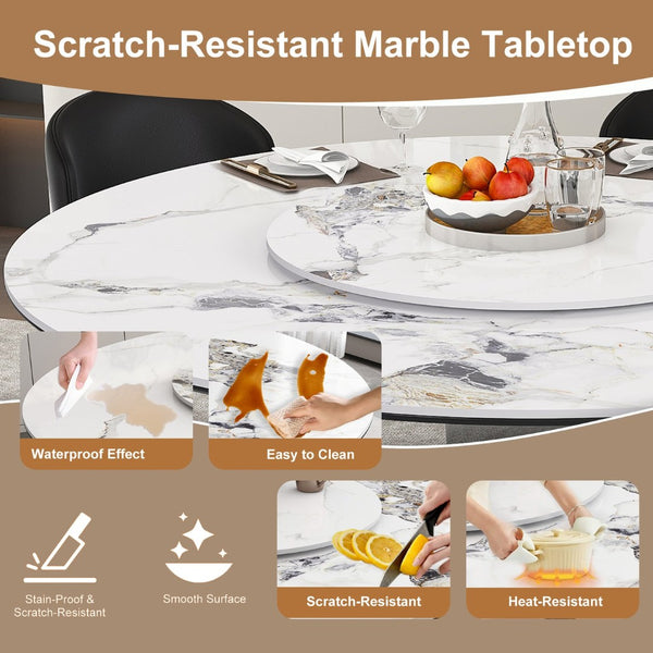 English Elm 59" Round Sintered Stone Table Set Marble-look Top with Pu Leather Chairs for Six W2700S00162