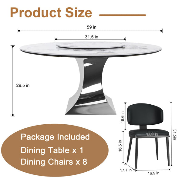 English Elm 59" Round Sintered Stone Table Set Marble-look Top with Pu Leather Chairs for Six W2700S00162