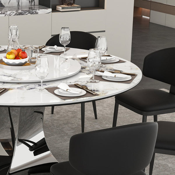 English Elm 59" Round Sintered Stone Table Set Marble-look Top with Pu Leather Chairs for Six W2700S00162