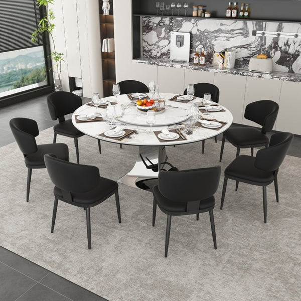English Elm 59" Round Sintered Stone Table Set Marble-look Top with Pu Leather Chairs for Six W2700S00162