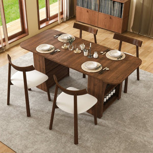 English Elm 70.87 Inch Mid-Century Walnut Finish Dining Set with Storage Drawers and 4 Solid Wood Chairs W2700S00165