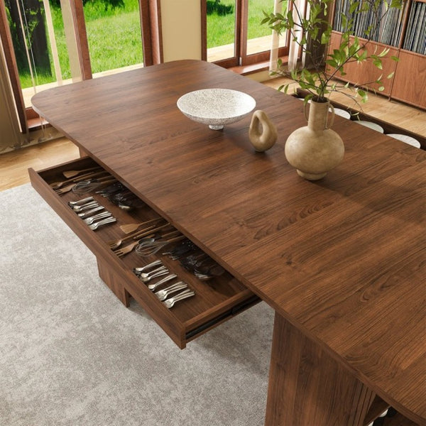 English Elm 70.87 Inch Mid-Century Walnut Finish Dining Set with Storage Drawers and 4 Solid Wood Chairs W2700S00165