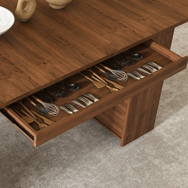 English Elm 70.87 Inch Mid-Century Walnut Finish Dining Set with Storage Drawers and 4 Solid Wood Chairs W2700S00165