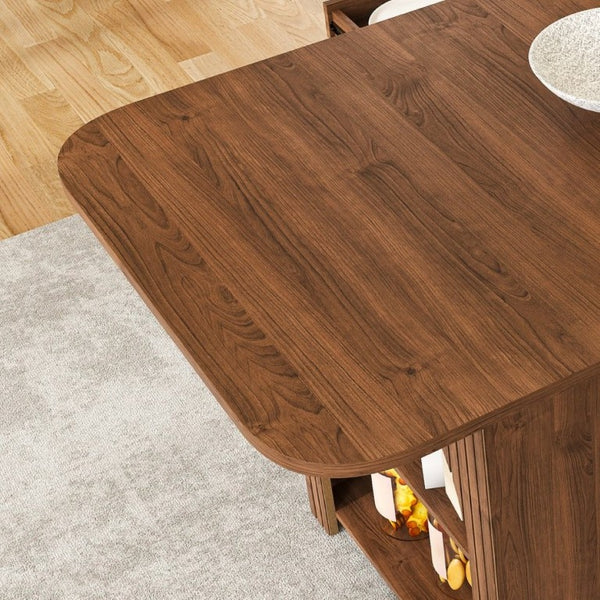 English Elm 70.87 Inch Mid-Century Walnut Finish Dining Set with Storage Drawers and 4 Solid Wood Chairs W2700S00165