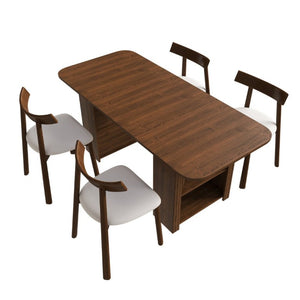 English Elm 70.87 Inch Mid-Century Walnut Finish Dining Set with Storage Drawers and 4 Solid Wood Chairs W2700S00165