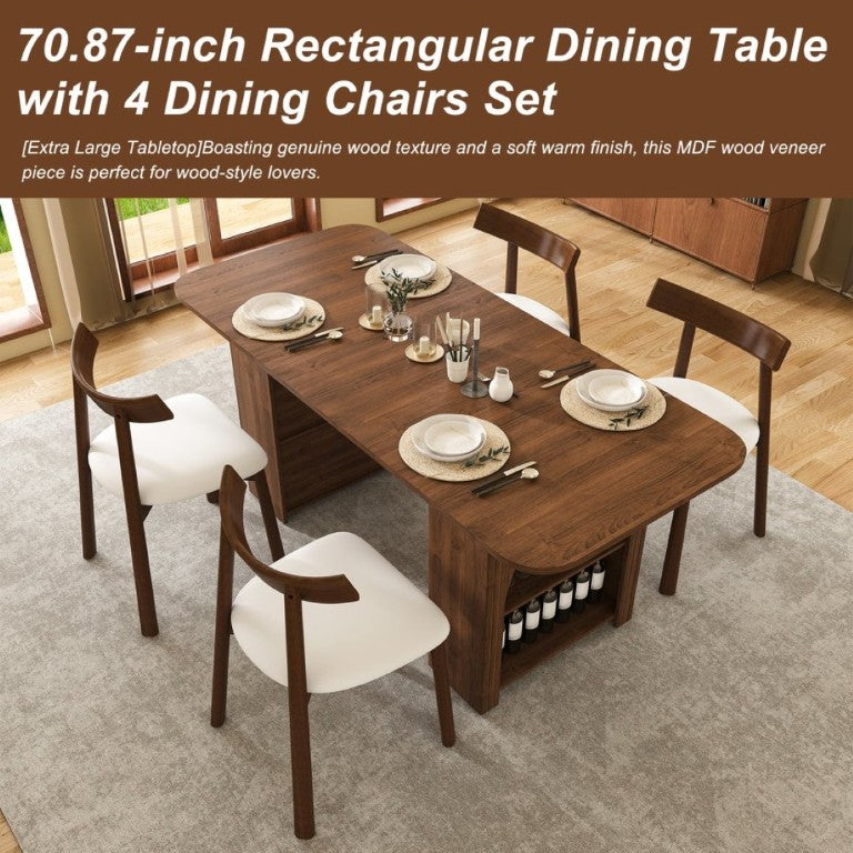 English Elm 70.87 Inch Mid-Century Walnut Finish Dining Set with Storage Drawers and 4 Solid Wood Chairs W2700S00165
