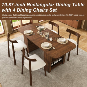 English Elm 70.87 Inch Mid-Century Walnut Finish Dining Set with Storage Drawers and 4 Solid Wood Chairs W2700S00165