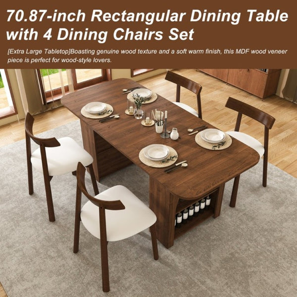 English Elm 70.87 Inch Mid-Century Walnut Finish Dining Set with Storage Drawers and 4 Solid Wood Chairs W2700S00165