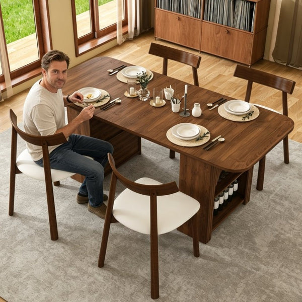 English Elm 70.87 Inch Mid-Century Walnut Finish Dining Set with Storage Drawers and 4 Solid Wood Chairs W2700S00165
