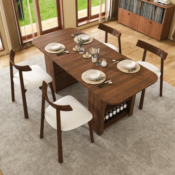 English Elm 70.87 Inch Mid-Century Walnut Finish Dining Set with Storage Drawers and 4 Solid Wood Chairs W2700S00165