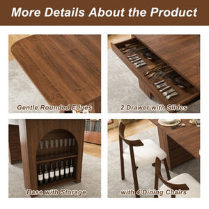 English Elm 70.87 Inch Mid-Century Walnut Finish Dining Set with Storage Drawers and 4 Solid Wood Chairs W2700S00165