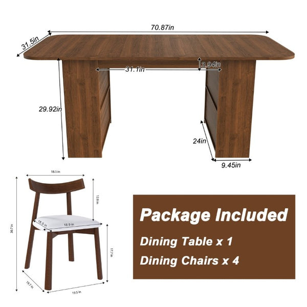 English Elm 70.87 Inch Mid-Century Walnut Finish Dining Set with Storage Drawers and 4 Solid Wood Chairs W2700S00165