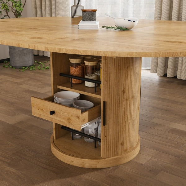 English Elm 59 Inch Extendable Oval Dining Set Seats Six with Two Tier Storage and PU Cushioned Chairs W2700S00166