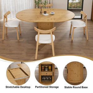 English Elm 59 Inch Extendable Oval Dining Set Seats Six with Two Tier Storage and PU Cushioned Chairs W2700S00166