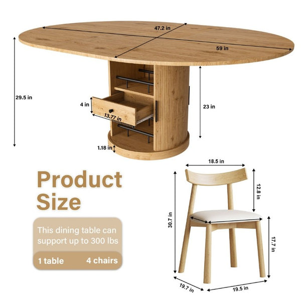 English Elm 59 Inch Extendable Oval Dining Set Seats Six with Two Tier Storage and PU Cushioned Chairs W2700S00166