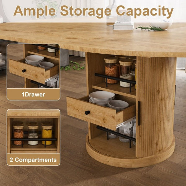 English Elm 59 Inch Extendable Oval Dining Set Seats Six with Two Tier Storage and PU Cushioned Chairs W2700S00166