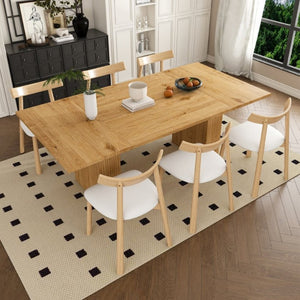 English Elm 78 Inch Oak Veneer Dining Set Seats 6 with Storage Base and PU Leather Chairs W2700S00167