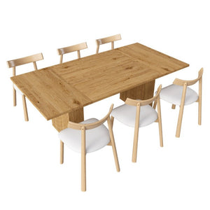 English Elm 78 Inch Oak Veneer Dining Set Seats 6 with Storage Base and PU Leather Chairs W2700S00167
