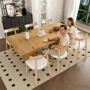 English Elm 78 Inch Oak Veneer Dining Set Seats 6 with Storage Base and PU Leather Chairs W2700S00167