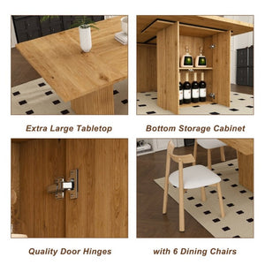 English Elm 78 Inch Oak Veneer Dining Set Seats 6 with Storage Base and PU Leather Chairs W2700S00167