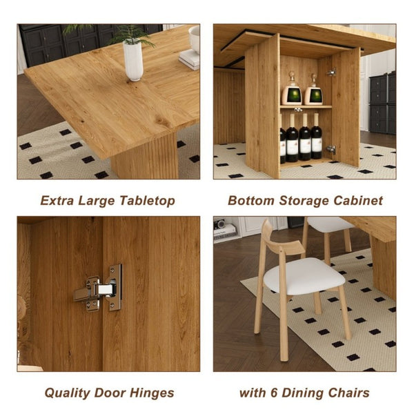 English Elm 78 Inch Oak Veneer Dining Set Seats 6 with Storage Base and PU Leather Chairs W2700S00167