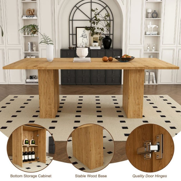 English Elm 78 Inch Oak Veneer Dining Set Seats 6 with Storage Base and PU Leather Chairs W2700S00167