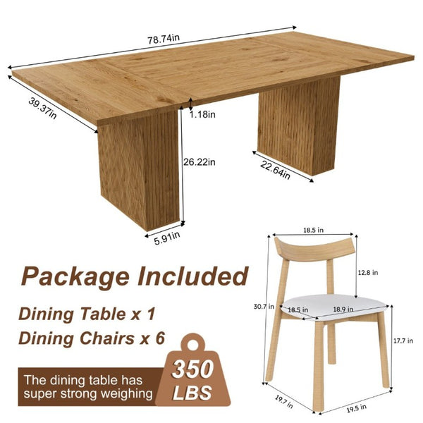 English Elm 78 Inch Oak Veneer Dining Set Seats 6 with Storage Base and PU Leather Chairs W2700S00167