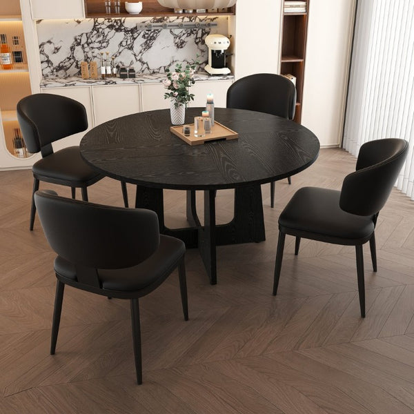 English Elm Spiced Farmhouse Round Dining Set Seats Four with Steel Chairs and MDF Wood Grain Top Black W2700S00168