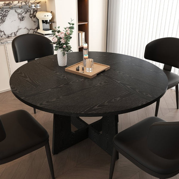 English Elm Spiced Farmhouse Round Dining Set Seats Four with Steel Chairs and MDF Wood Grain Top Black W2700S00168