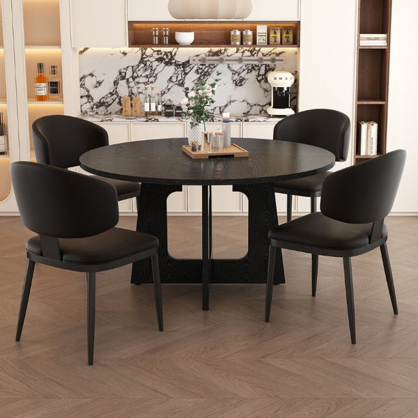 English Elm Spiced Farmhouse Round Dining Set Seats Four with Steel Chairs and MDF Wood Grain Top Black W2700S00168