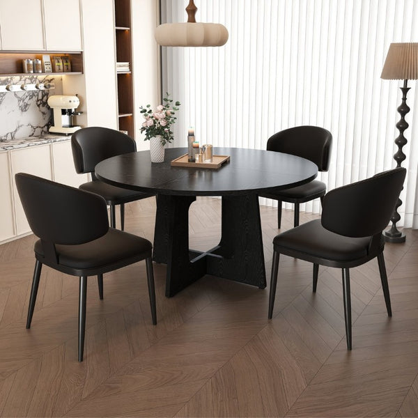 English Elm Spiced Farmhouse Round Dining Set Seats Four with Steel Chairs and MDF Wood Grain Top Black W2700S00168