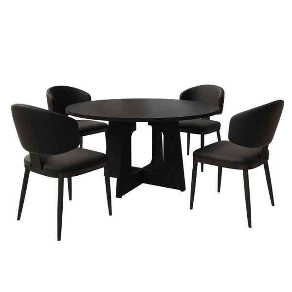 English Elm Spiced Farmhouse Round Dining Set Seats Four with Steel Chairs and MDF Wood Grain Top Black W2700S00168