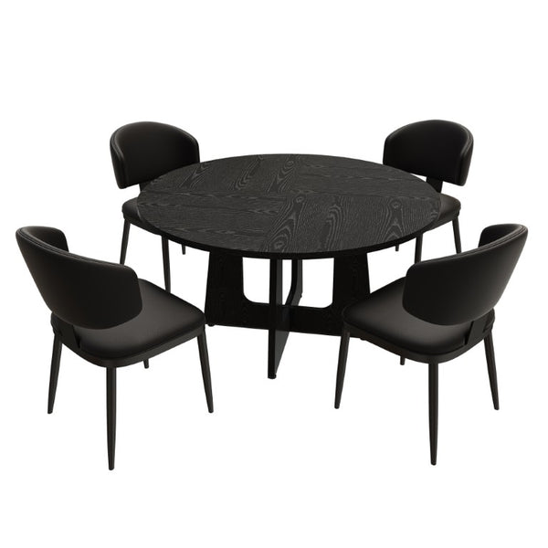 English Elm Spiced Farmhouse Round Dining Set Seats Four with Steel Chairs and MDF Wood Grain Top Black W2700S00168