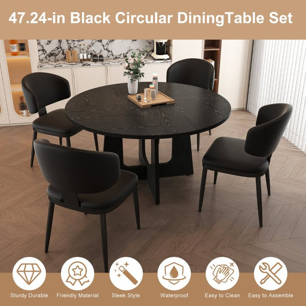 English Elm Spiced Farmhouse Round Dining Set Seats Four with Steel Chairs and MDF Wood Grain Top Black W2700S00168