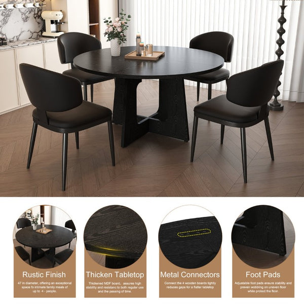 English Elm Spiced Farmhouse Round Dining Set Seats Four with Steel Chairs and MDF Wood Grain Top Black W2700S00168