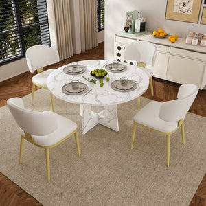 English Elm Spiced Farmhouse Round Dining Set Seats Four with Steel Chairs and MDF Wood Grain Top White W2700S00169